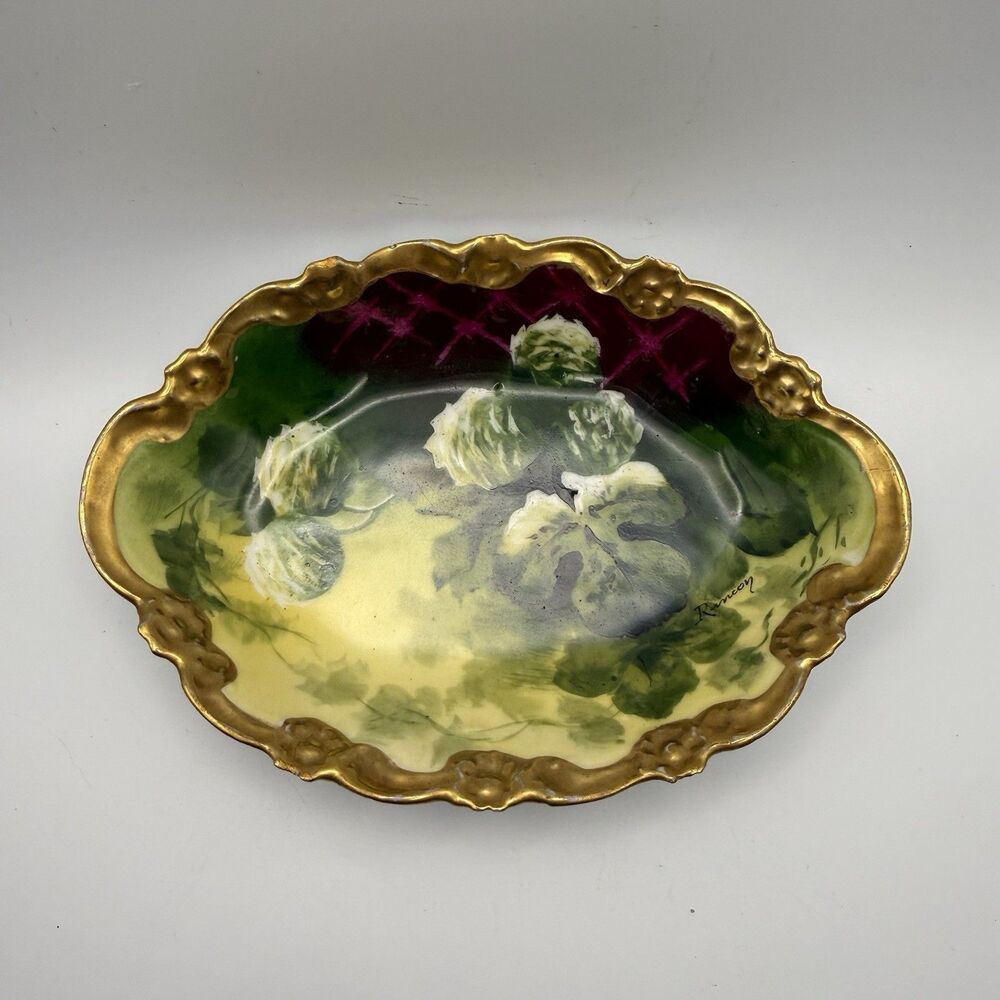Antique Limoges France Hand Painted Porcelain Dish Signed Rancon 7" Gold Gilt